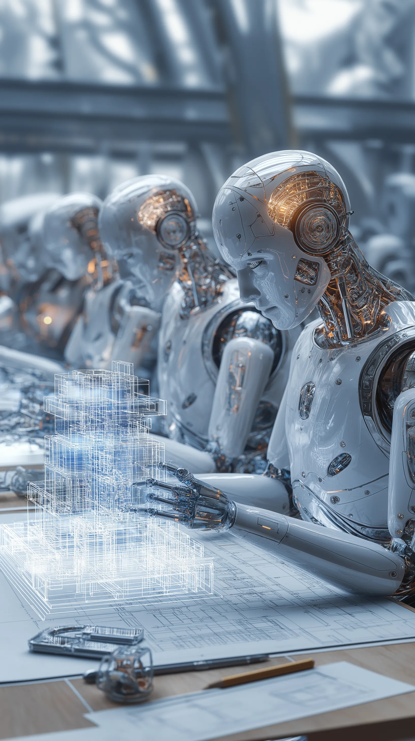 A hyper-realistic group of humanoid robots representing A hyper-realistic group of humanoid robots representing an artificial neural network, collaborating on architectural design in a futuristic studio, each robot interacting with glowing 3D building models, digital blueprints, and holographic structures, neural patterns pulsing across their metallic bodies, intelligent and focused expressions, soft ambient lighting, high-tech tools and architectural sketches surrounding them, square composition, cinematic atmosphere, fine detail

