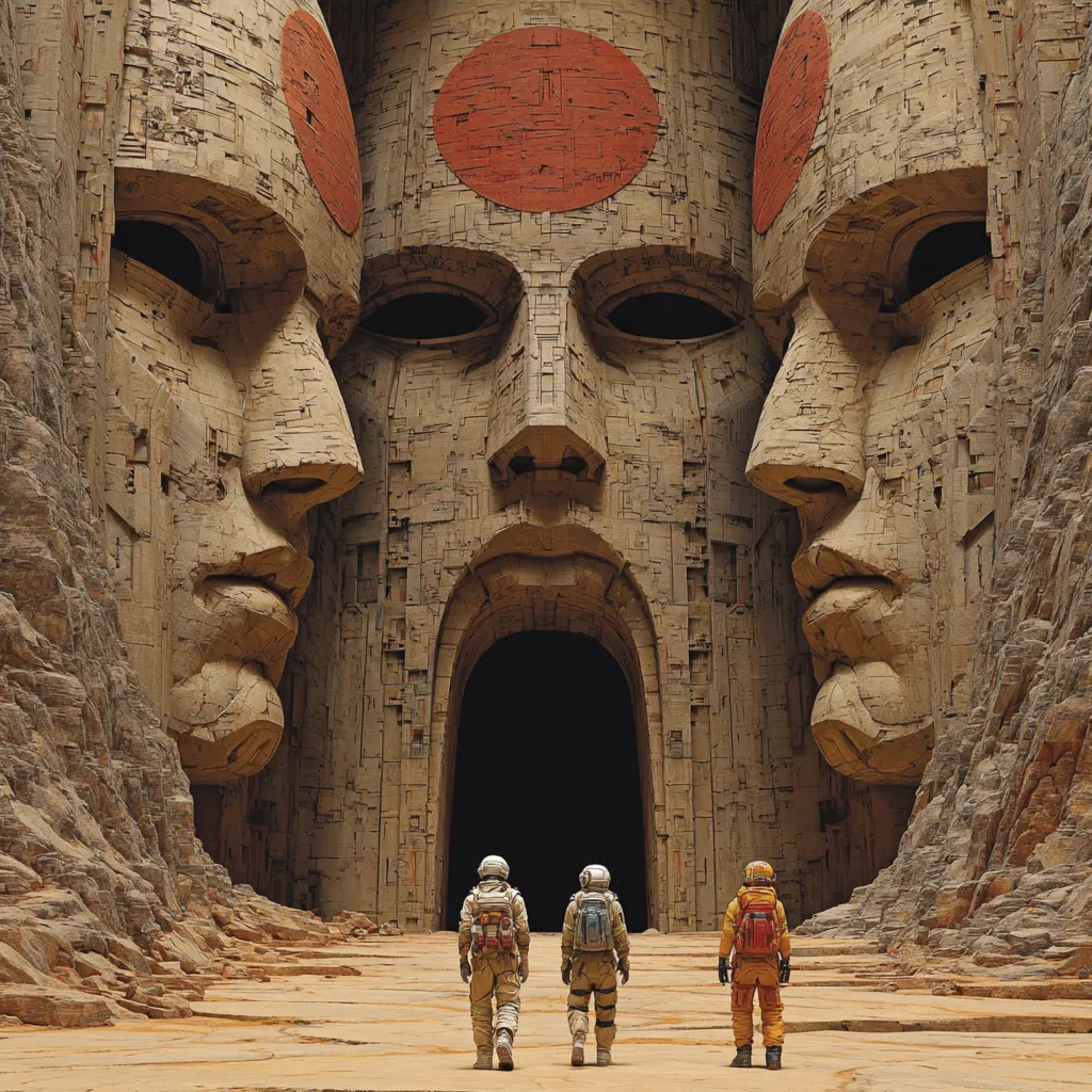Colossal monument carved in an alien cliff face: five monolithic figures Colossal monument carved in an alien cliff face: five monolithic figures, their attire reimagined as weathered stone. Surrounding the sculpture, desert canyons and eroded rock, tiny explorers. Cinematic lighting enhances their solemn grandeur. A mythic, timeless, and culturally resonant scene, untouched yet filled with purpose. .

