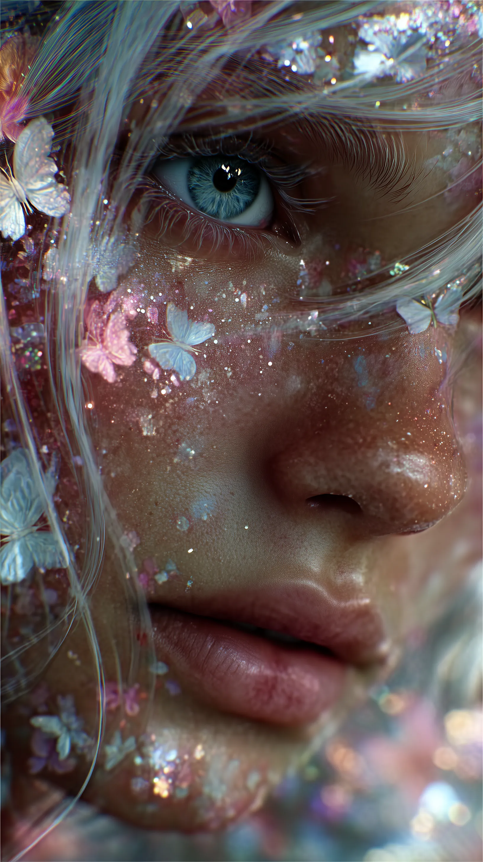 Ultra-detailed close-up portrait of an ethereal fairy woman with pointed ears Ultra-detailed close-up portrait of an ethereal fairy woman with pointed ears, semi-realistic soft features, glowing violet eyes reflecting galaxies and nebulae, surrounded by shimmering holographic butterflies and softly glowing fireflies. Her skin is luminous and dusted with iridescent glitter across her cheeks, lashes, and collarbones. Layered hair flows around her face in pastel shades of lavender, silver-blue and soft rose, catching ambient fantasy light. The lighting is soft, volumetric, and magical--reflective highlights dance across her features with realistic depth. Floating sparkles and translucent particles drift through the air, creating a dreamy depth-of-field and atmosphere. Background softly blurred with magical twilight tones and lens bokeh. Painterly rendering style with subtle brush texture, high-detail realism blended with fantasy glow. Dreamlike expression, suspended in a quiet, magical moment. Not flat 2D, use reflective surfaces and realistic shadowing

