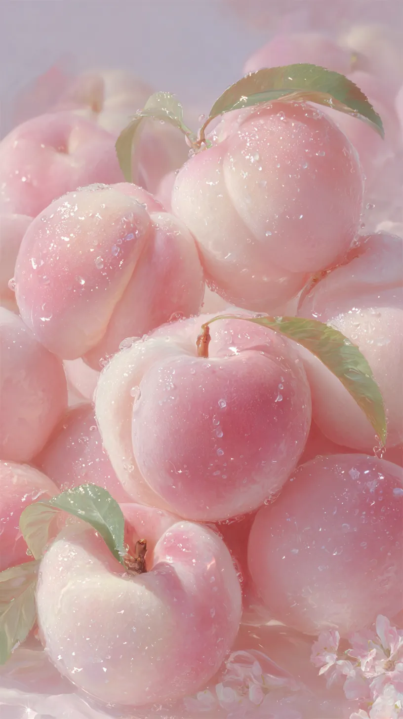 a close-up of large, pale pastel pink white peaches filling the frame a close-up of large, pale pastel pink white peaches filling the frame, soft and plump with a delicate jelly-like gloss on top, translucent dewy skin, cushiony texture, subtle natural peach leaves peeking through, dreamy soft lighting, hyper-realistic details, feminine and airy mood

