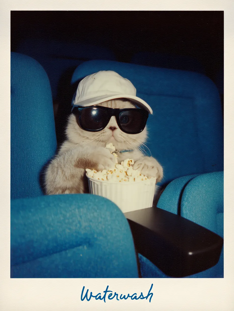 80s polaroid photo of an anthropomorphic 80s polaroid photo of an anthropomorphic Scottish Fold cat wearing black sunglasses and a white baseball cap, eating popcorn while sitting in the front row of a movie theater with blue velvet seats. The word "Waterwash" is written in the bottom right corner. In the style of vintage retro photography.

