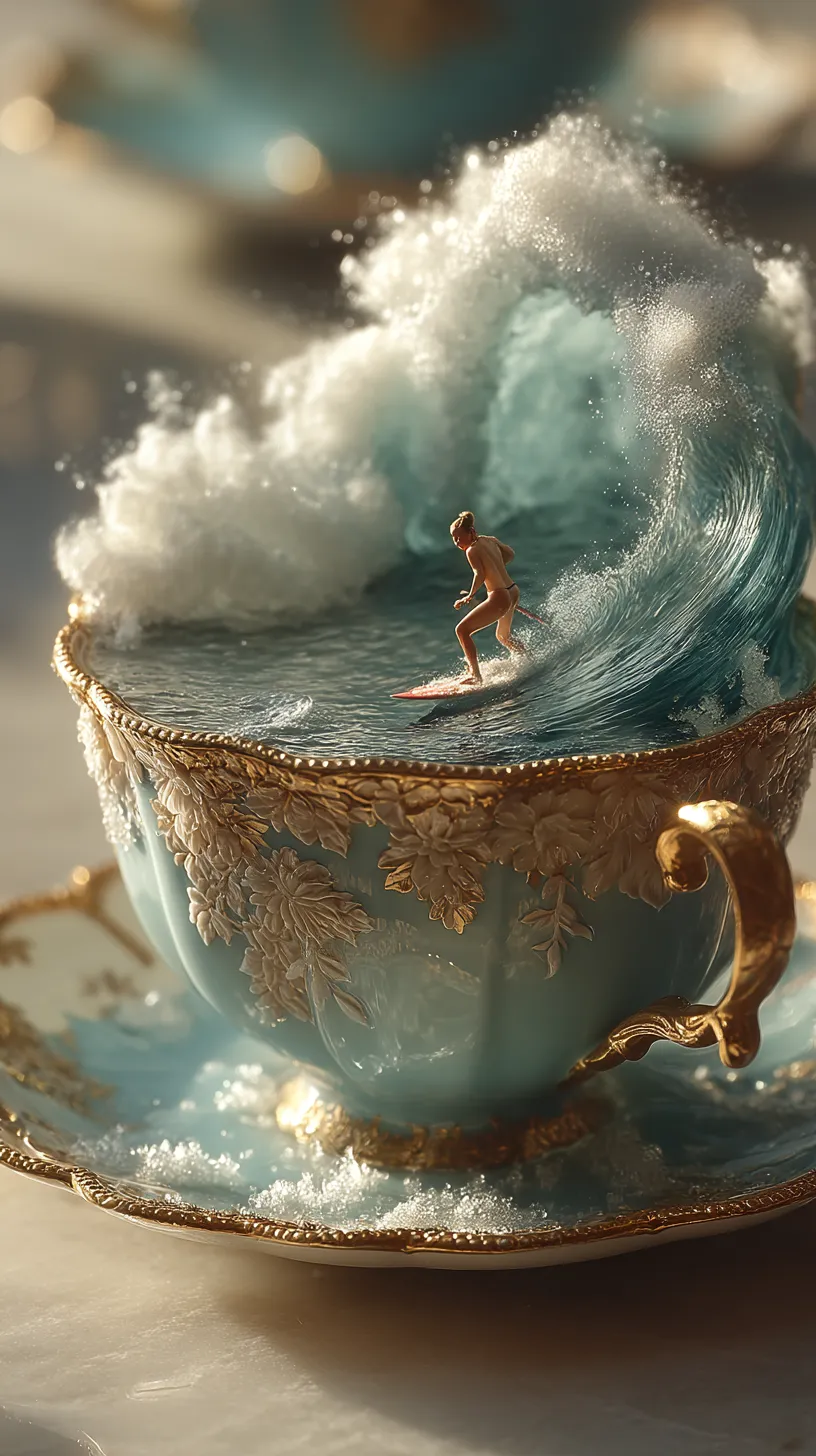 A Victorian bone china teacup with gold trim and delicate porcelain detailing on a wet table surface A Victorian bone china teacup with gold trim and delicate porcelain detailing on a wet table surface, filled with a raging ocean storm. A surfer carves a wave inside the cup as a massive water tornado spirals upward into the sky. Rain and ocean spray splash out of the teacup. No fire. Dramatic clouds, dynamic lighting, realistic water physics, highly detailed, surreal cinematic composition

