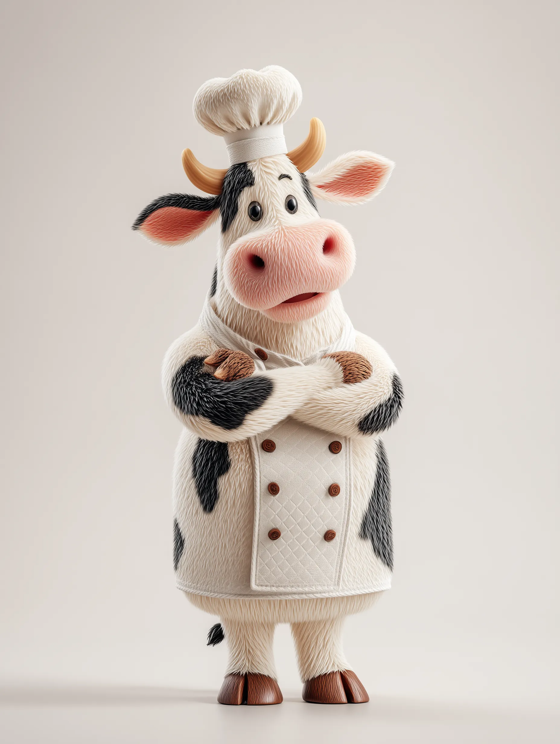 A cute, happy cow in white chef's stands with its arms crossed and smiles slightly A cute, happy cow in white chef's stands with its arms crossed and smiles slightly against a pure white isolated background. This is a detailed character design in the style of animation, rendered using Cinema 4D on a plain, full-body shot

