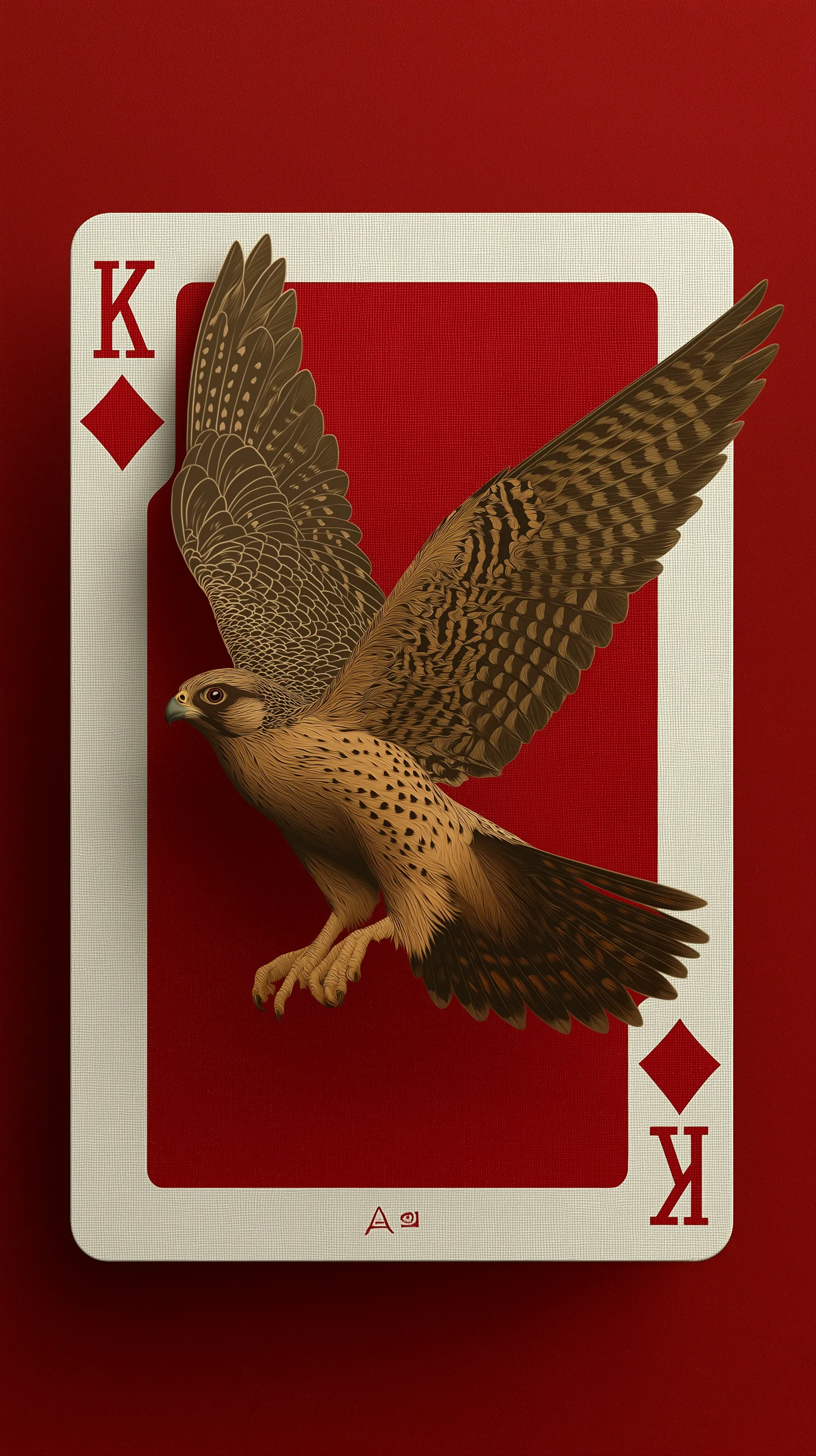 A flying falcon breaking out of a King of Spades playing card A flying falcon breaking out of a King of Spades playing card, its wings extended mid-flight, talons sharp and visible. The background is deep red with rich texture, and the card frame is clean and white with red and black "K" and spade symbols. The falcon looks majestic and powerful, highly detailed feathers, realistic lighting, no Arabic typography, dramatic and bold composition.

