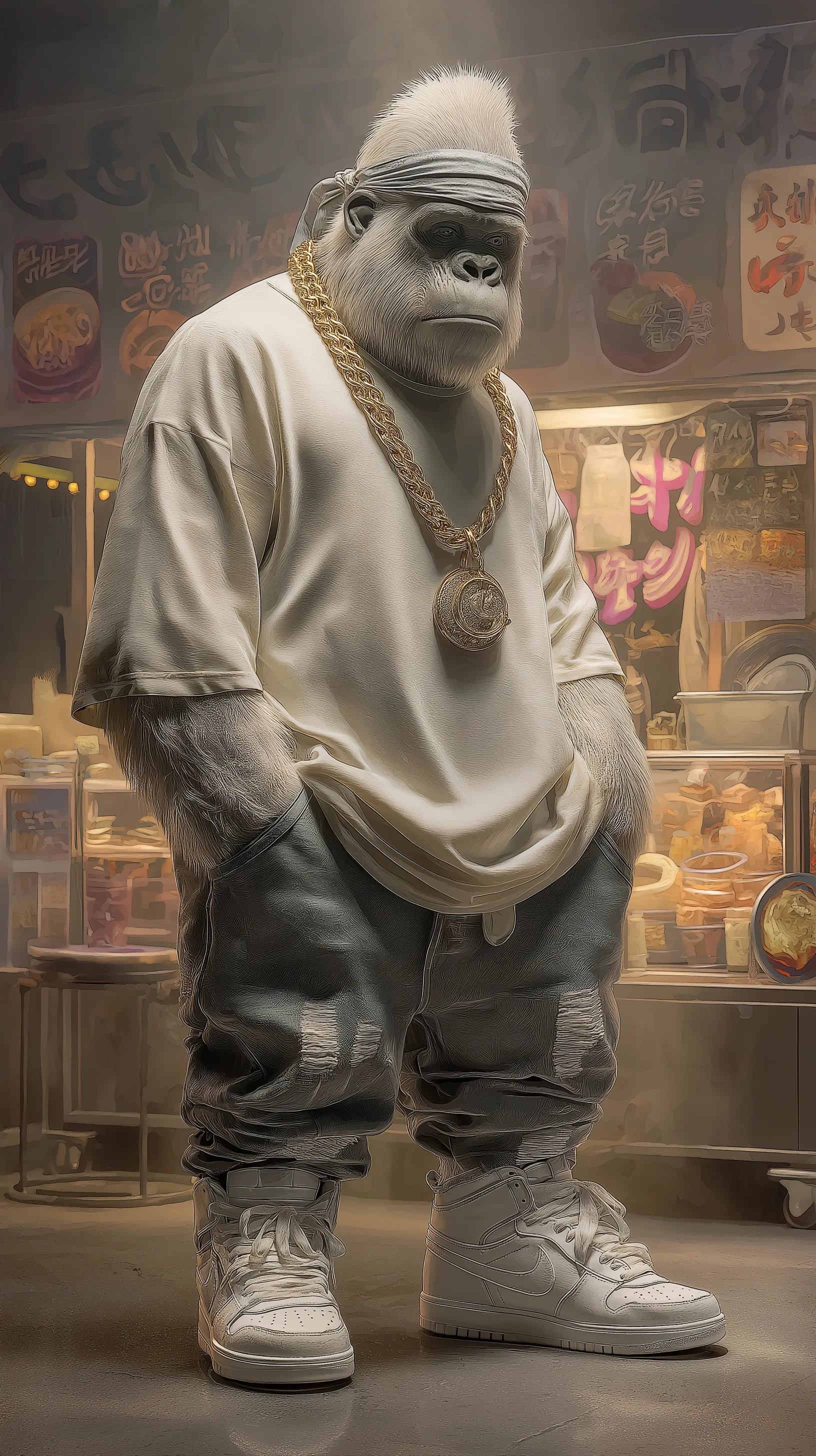 A hyper-realistic anthropomorphic silver back gorilla wearing an oversized ivory tall tee extending past the knees A hyper-realistic anthropomorphic silver back gorilla wearing an oversized ivory tall tee extending past the knees, mimicking the creamy white opacity of tonkotsu broth. He pairs it with saggy baggy jeans in a greasy bone-gray wash, echoing the fatty sheen of pork back fat. His sneakers are pristine high-top basketball shoes with a pearly finish, referencing collagen-rich marrow. Around his neck, a massive platinum chain holds a pendant shaped like a steaming bowl of ramen. On his head, a bandana folded low, with embroidery resembling green onions and black mushrooms. The background features a dimly lit night-time ramen yatai, steam rising under neon signs. Lighting is warm and slightly hazy.


