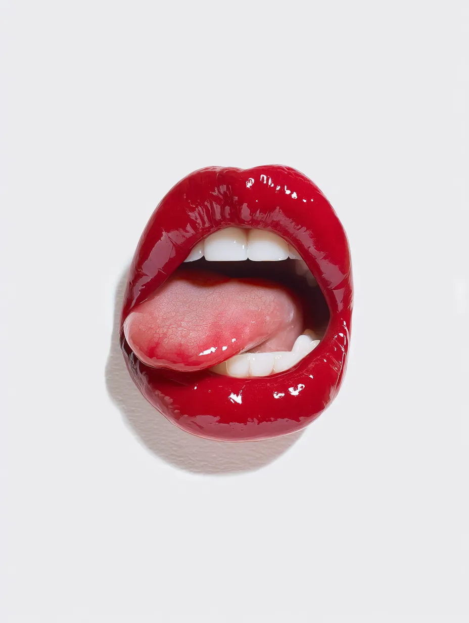 A hyper-realistic photo of wide mounth red lips with the tongue showing to the left, on a white background. A hyper-realistic photo of wide mounth red lips with the tongue showing to the left, on a white background.

