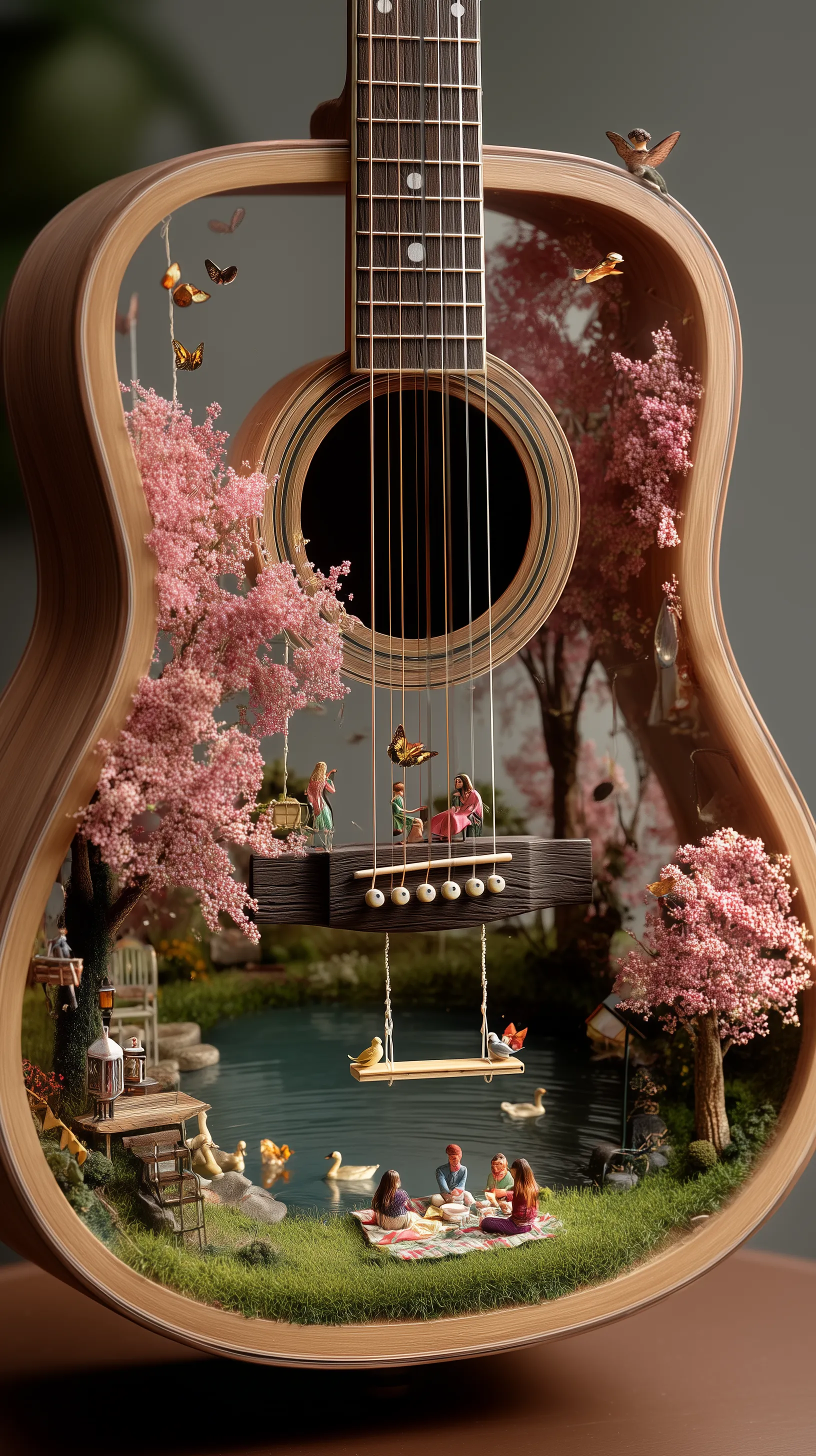 A photorealistic spring garden scene inside an acoustic guitar A photorealistic spring garden scene inside an acoustic guitar, with miniature people enjoying a picnic on soft grass. Cherry blossoms are blooming inside, butterflies flying, and the sound hole is a calm pond with ducks. The guitar strings are hung with flowers and serve as decorative swings. The whole scene has a soft, warm, joyful mood, like a tiny hidden park inside the guitar.


