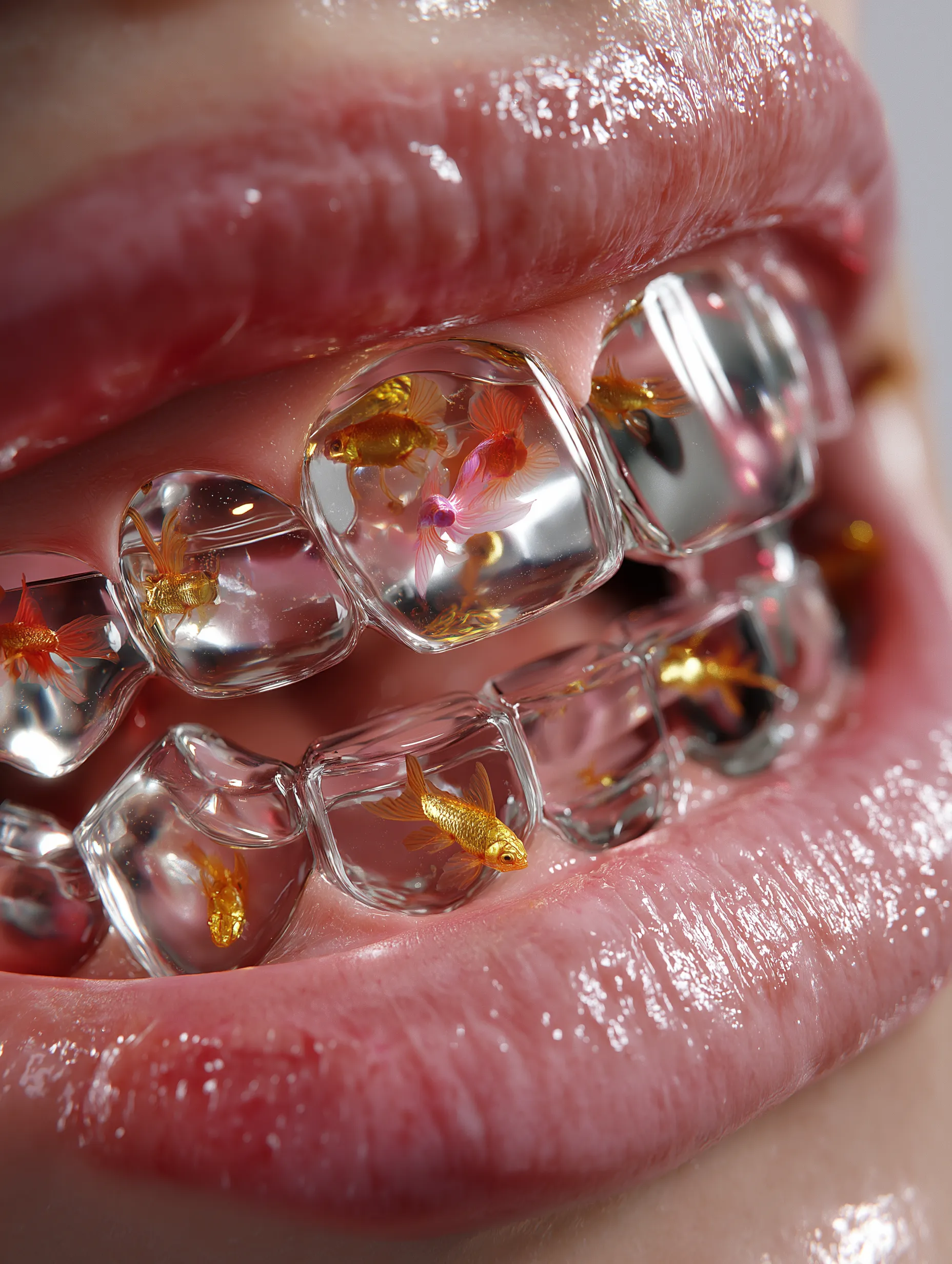 A vertical, ultra-realistic close-up photo of a human mouth showing teeth that are transparent aquariums filled  A vertical, ultra-realistic close-up photo of a human mouth showing teeth that are transparent aquariums filled with water and small goldfish swimming inside. Each tooth is glass-like, detailed with air bubbles, and seamlessly grows from natural pink gums. The lighting highlights the glossy texture of the teeth and the moist texture of the lips and skin. The overall tone is surreal yet photorealistic, with a clean dental aesthetic.

