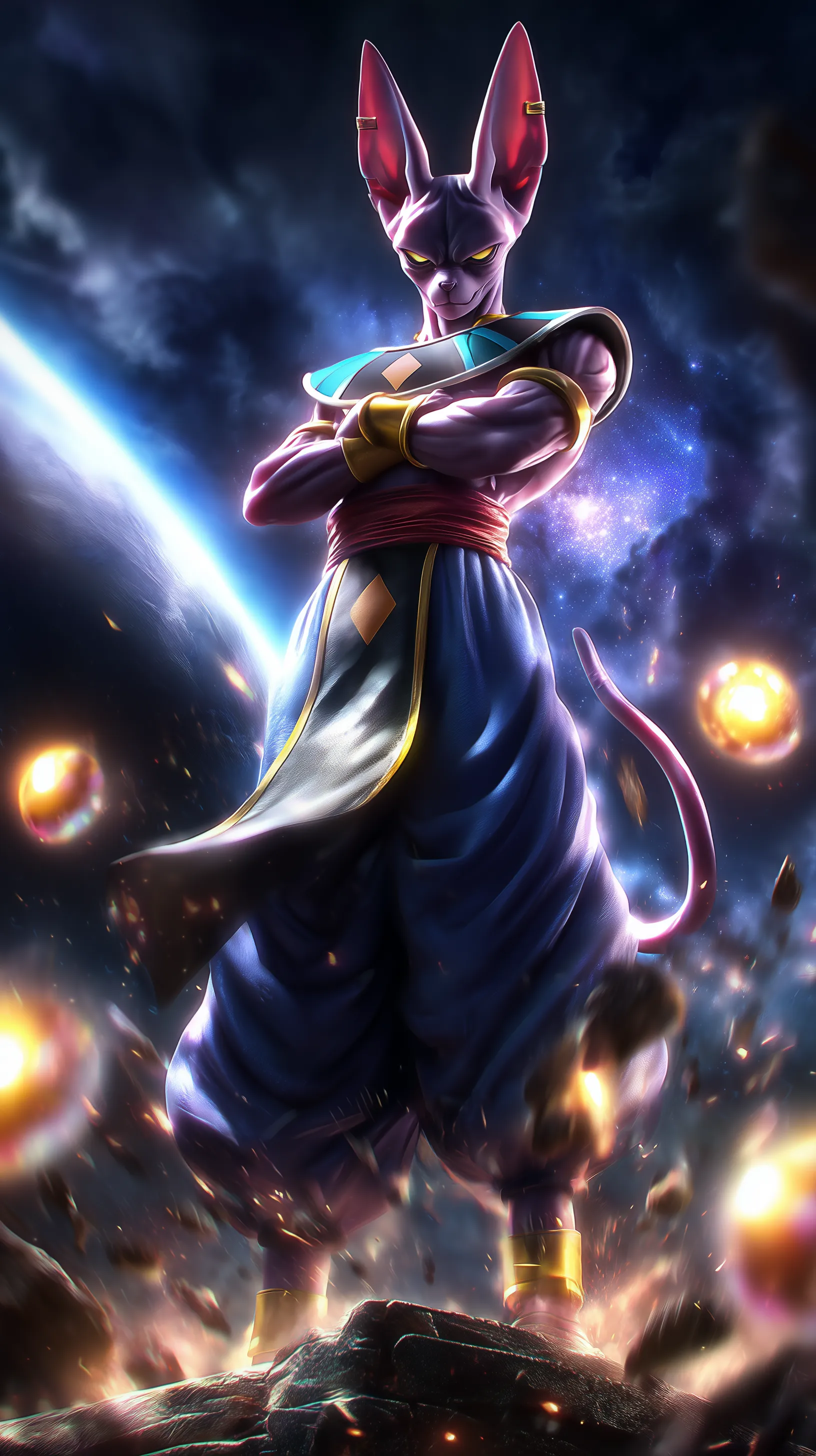 Beerus, the God of Destruction, standing tall with arms crossed Beerus, the God of Destruction, standing tall with arms crossed, slender purple body and feline features glowing under divine twilight, golden eyes staring coldly forward, royal Egyptian-style clothing flowing in a soft wind, floating above a crumbling temple platform, glowing orbs of energy flickering around him, distant galaxies visible in the sky, hyperrealistic anime rendering with deep purple tones and cinematic divine lighting

