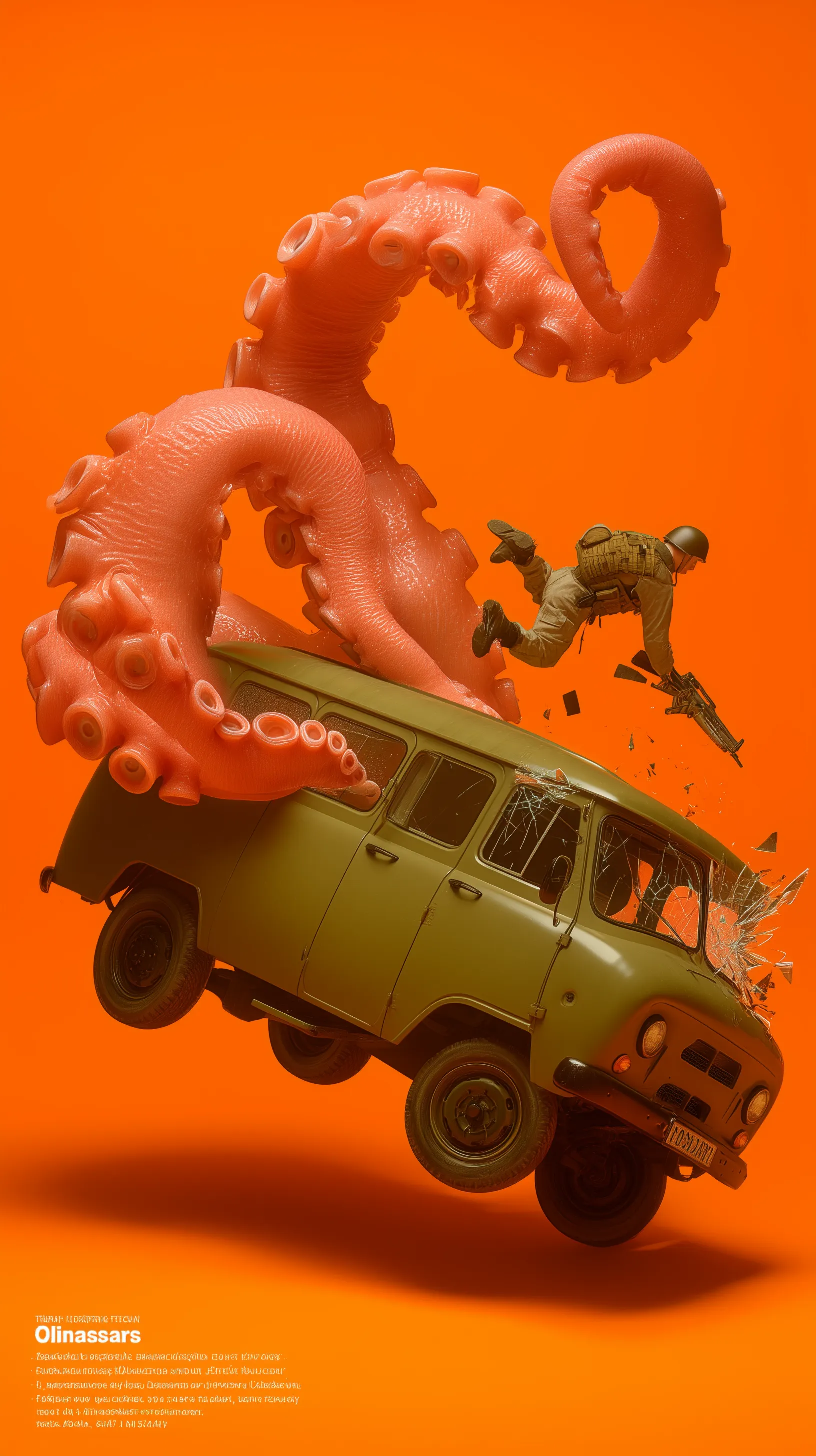 Dramatic surreal illustration, 1:1 ratio. Bright orange background "Dramatic surreal illustration, 1:1 ratio. Bright orange background. A giant squid-like tentacle wraps violently around an old Soviet green military van mid-air, crushing its body and shattering the windshield. A soldier in tactical gear is entangled in the tentacle, limbs outstretched, as he’s being pulled toward the van. His helmet is flying off, debris and glass float around. The tentacle has strong suction cups and wet texture. The lighting is bold and promotional clean, high contrast, and stylized like a twisted action poster. High detail, emotional intensity, dynamic chaos."

