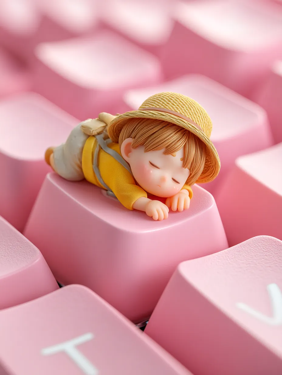 Macro close-up photo realistic image of a small person sleeping on top of one pink keyboard keycap on a pink keyboard, wearing ftank top, depth of field. Macro close-up photo realistic image of a small person sleeping on top of one pink keyboard keycap on a pink keyboard, wearing ftank top, depth of field.

