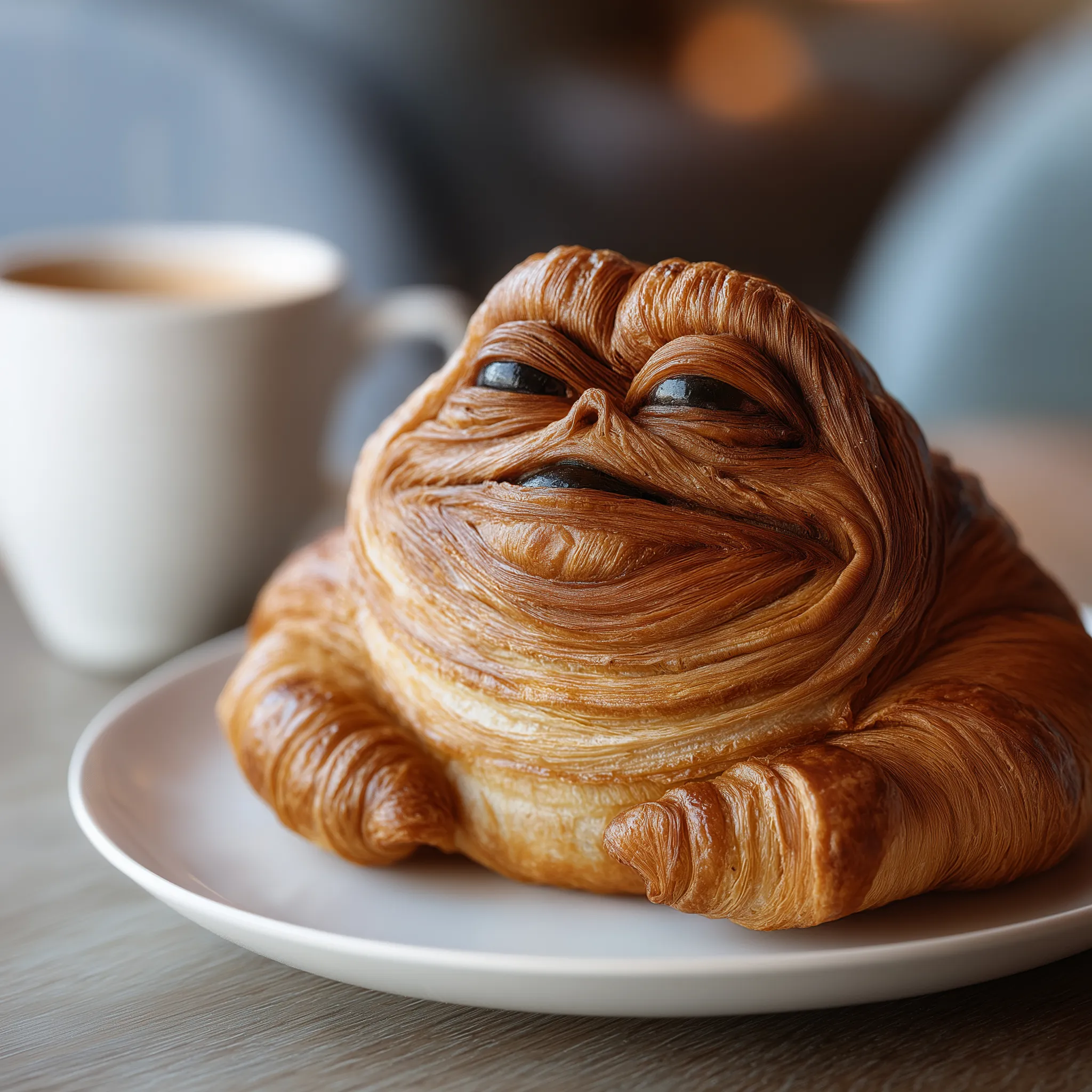 a croissant shaped like Jabba the Hutt, where the taper end of the croissant is the body of Jabba the Hutt on a plate from a café a croissant shaped like Jabba the Hutt, where the taper end of the croissant is the body of Jabba the Hutt on a plate from a café


