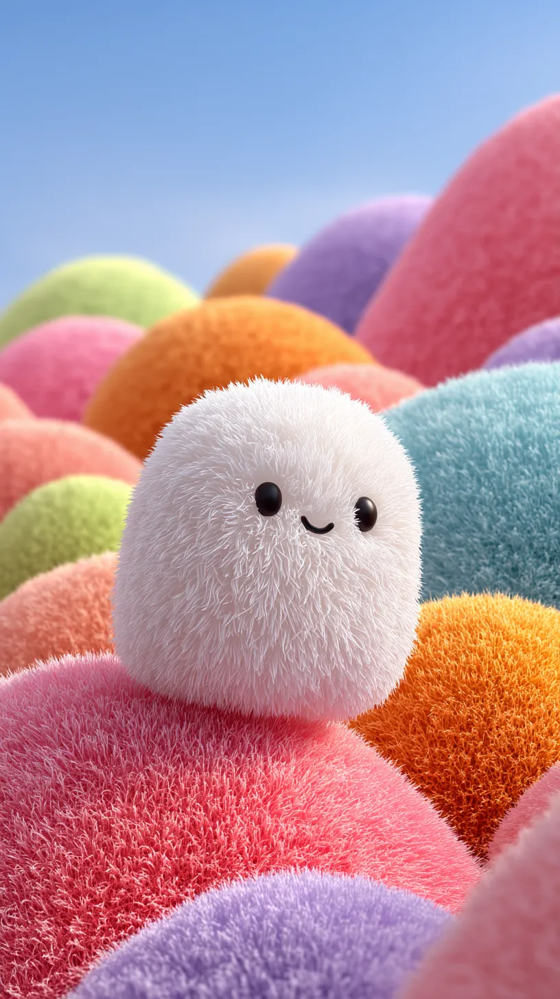 a fluffy white character with a round body and cute black eyes a fluffy white character with a round body and cute black eyes, smiling gently, surrounded by colorful soft-textured round hills in pastel colors (pink, orange, green, blue, purple), bright clear sky background, ultra soft lighting, close-up shot, whimsical and playful mood, extremely detailed texture, realistic photography style

