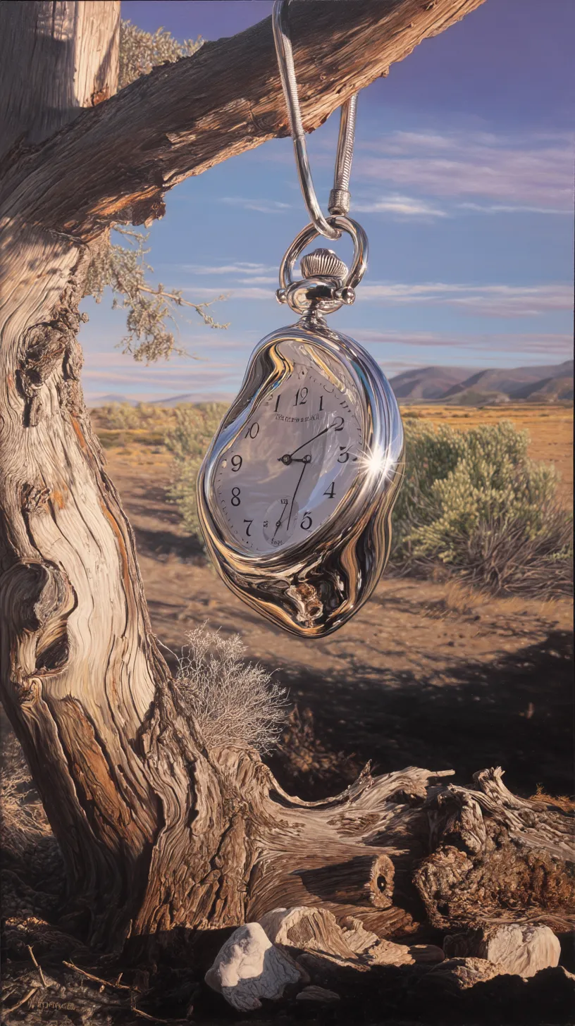 a highly realistic oil painting of a melted pocket watch draped over a tree branch a highly realistic oil painting of a melted pocket watch draped over a tree branch, resembling Salvador Dalí’s surreal clock, but with lifelike textures, metallic shine, and detailed reflections, set in a photorealistic desert landscape at golden hour, dramatic lighting, ultra detailed, hyperrealistic style photorealistic, hyperrealistic, realism


