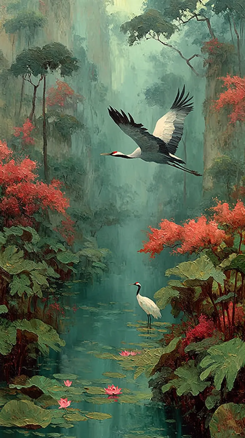 a majestic eagle soaring high above misty Chinese mountains, while a graceful white crane stands a majestic eagle soaring high above misty Chinese mountains, while a graceful white crane stands still in a vibrant lotus-filled river below, surrounded by lush vegetation and flowering trees. traditional Chinese painting composition, but in vivid oil painting style with impasto technique, rich textures, bold and expressive brushstrokes, dramatic lighting, colorful landscape, poetic and symbolic atmosphere, fusion of Eastern elegance and Western painterly depth

