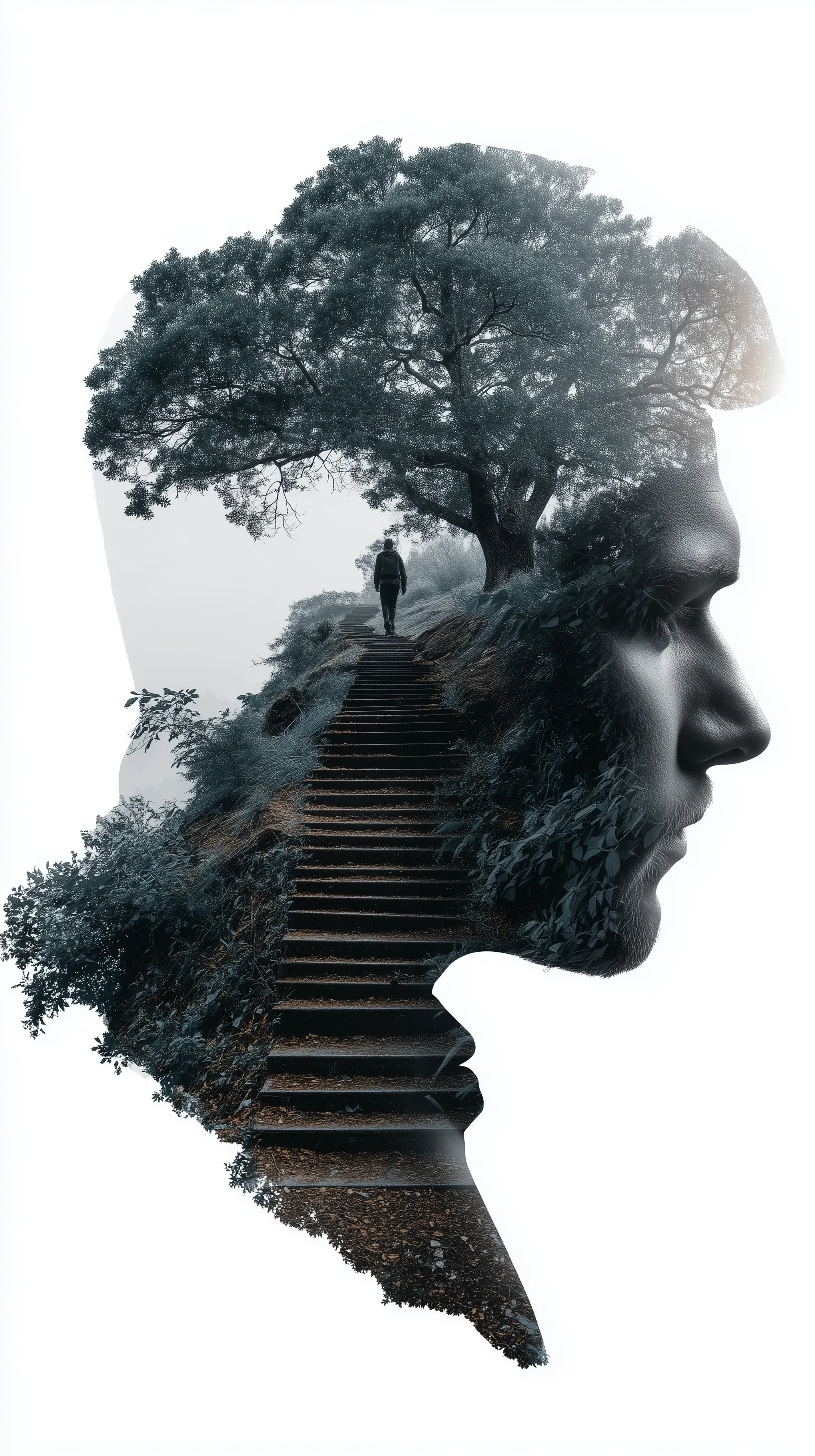 abstraction of human growth as a personality abstraction of human growth as a personality. double exposure of a tree, stairs up and a person.Clear details, high quality

