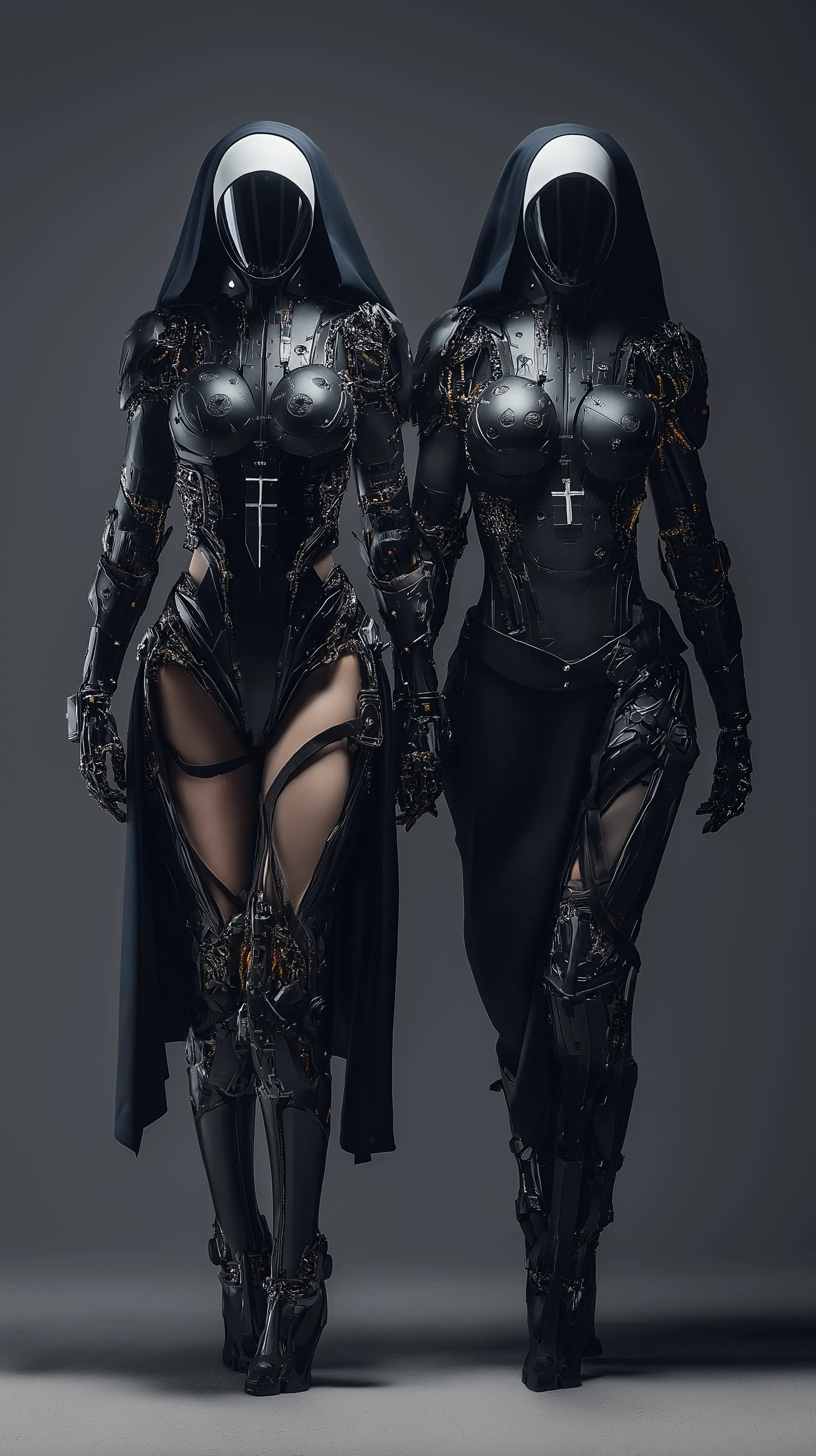 close combat battle nuns with black cyborg like battle gear made out of small metal parts and white accents close combat battle nuns with black cyborg like battle gear made out of small metal parts and white accents, photorealistic, professional lighting, standing side by side, photoshoot style, battle stance, technical helmets cover the eyes, grey background,

