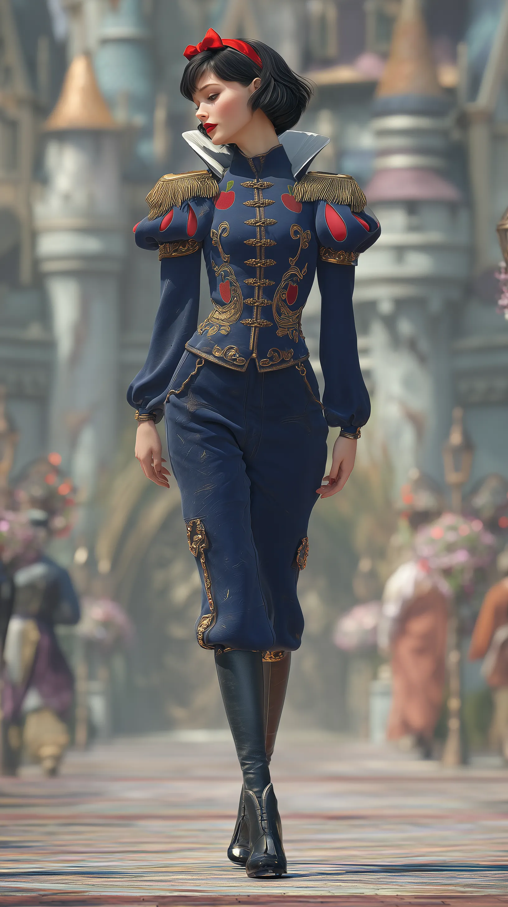 hyper-realistic Snow White, gracefully walking across an enchanted royal courtyard hyper-realistic Snow White, gracefully walking across an enchanted royal courtyard, traditional Germanic navy blue and red military uniform with gold accents, apple insignia, polished black boots, dark bobbed hair with red headband, pure and strong expression, full-body view, fairytale castle and forest background, cinematic soft lighting, 4K realism, vertical frame

