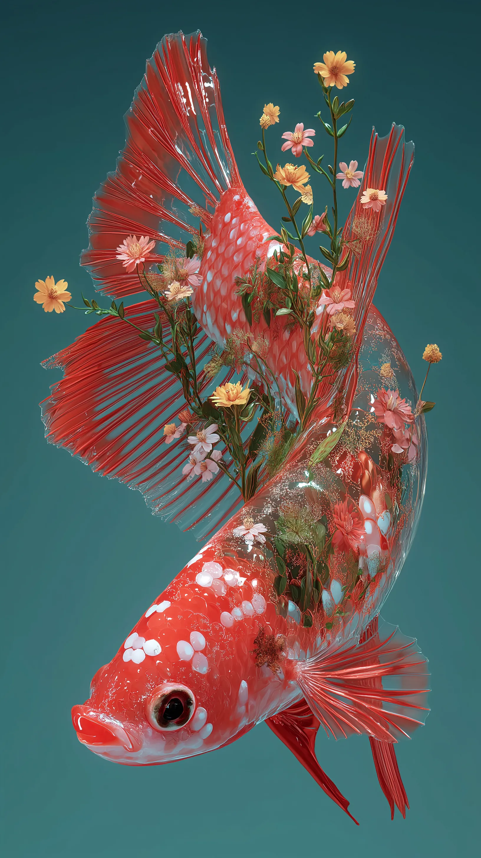 hyperrealistic photo of a pink ocean-blue and white colored porcelain betta fish hyperrealistic photo of a pink ocean-blue and white colored porcelain betta fish, with its back made from milky white cloudy epoxy resin containing dried flowers inside the epoxy, dried flowers visible through the white milky resin, photographed from above, white backdrop, microphotography, hyper detailed

