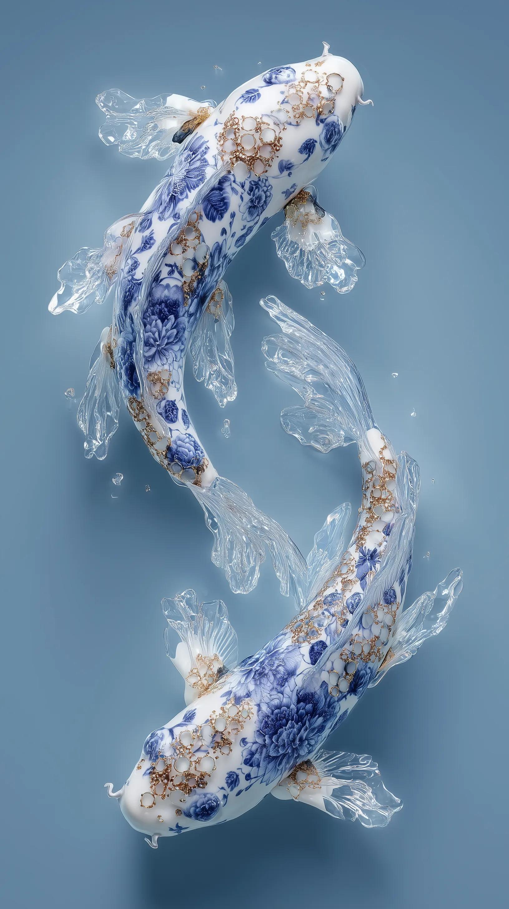 porcelain koi with blue and white floral patterns swimming in clear blue water porcelain koi with blue and white floral patterns swimming in clear blue water, one has gold metal details and delicate details, in a surreal style, clean water. This is an art photography macro shot, captured using a Canon camera for high definition.

